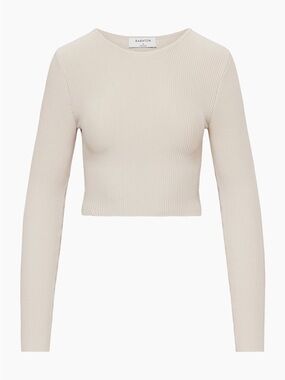 Aritzia Babaton Sculpt Knit Crew Cropped Longsleeve in a neutral beige shad